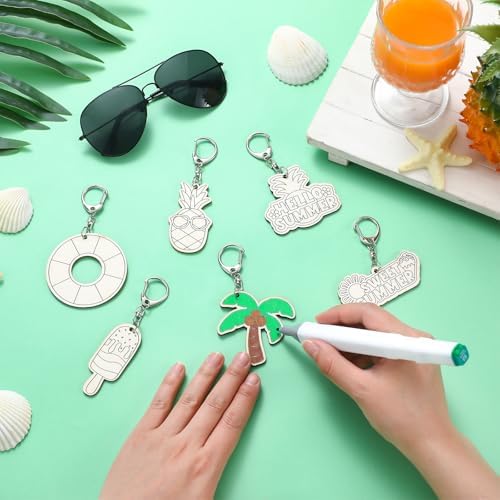 24 Pcs Summer Party Craft Wooden Keychains DIY