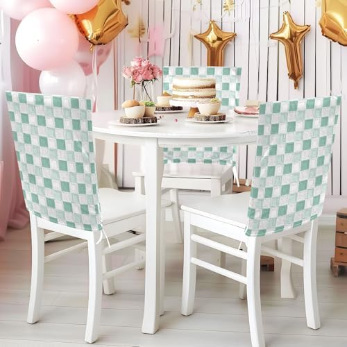 EtherSpher Oil on Canvas Green and White Checkered Chair Covers Set of 6