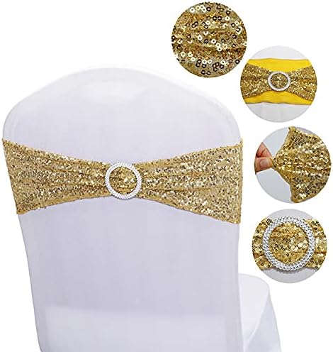 25 PCS Stretchy Sequin Chair Sashes for Wedding and Events Gold