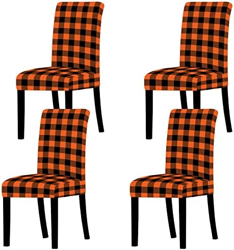 Whaline 4Pcs Fall Chair Slipcovers Orange White Buffalo Check Dining Covers