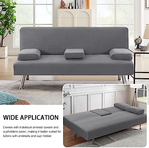 HVERSAILTEX 4-Piece Stretch Futon Slipcover with Removable Armrests and Cupholders Grey
