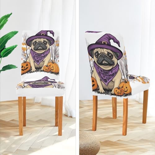 ALAZA Dining Chair Covers Set of 4 Halloween Pug Spandex Slipcovers