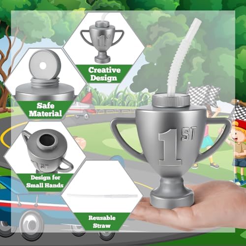 12 Pcs Kids Party Cups Race Car Trophy With Straws and Lids