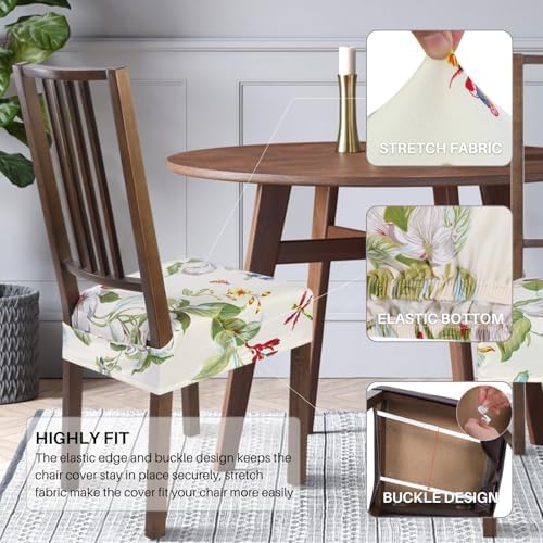 SearchI Stretch Dining Chair Seat Covers Set of 4 Beige Flower Design