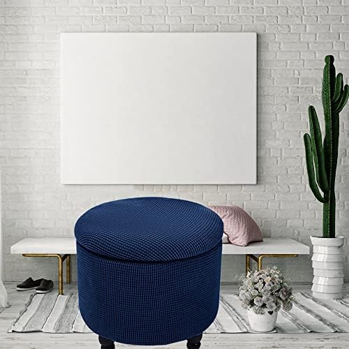 Andreannie Stretch Navy Blue Jacquard Stool Cover Ottoman Footstool Protector Washable Removable