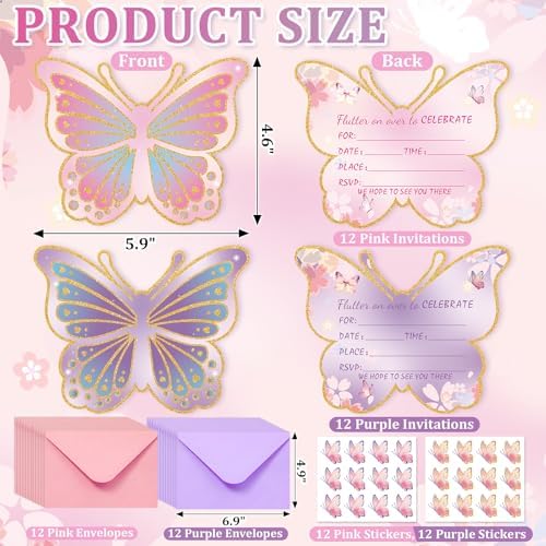 24 Piece Butterfly Birthday Invites for Girls Envelopes Stickers