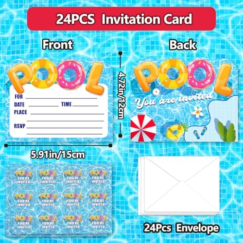 24PCS Summer Pool Party Invitations with Envelopes and Stickers