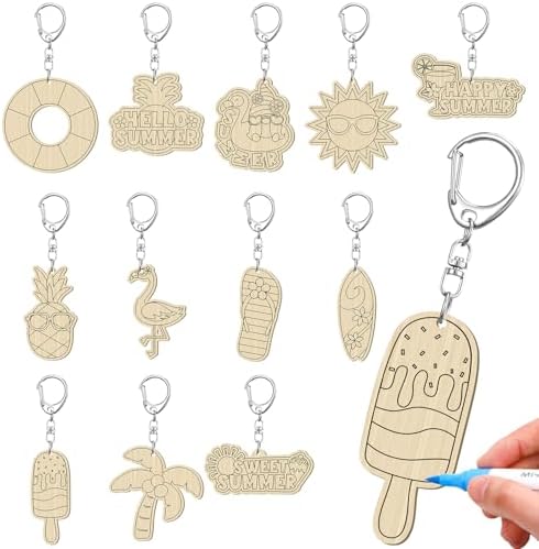 24 Pcs Summer Party Craft Wooden Keychains DIY