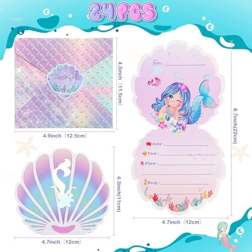 OurWarm 24PCS Mermaid Birthday Invitations with Envelopes 1