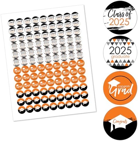 2025 Orange Graduation Round Candy Sticker Favors - 1 Sheet of 108