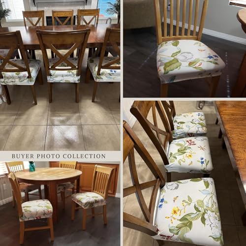 SearchI Stretch Dining Chair Seat Covers Set of 4 Beige Flower Design