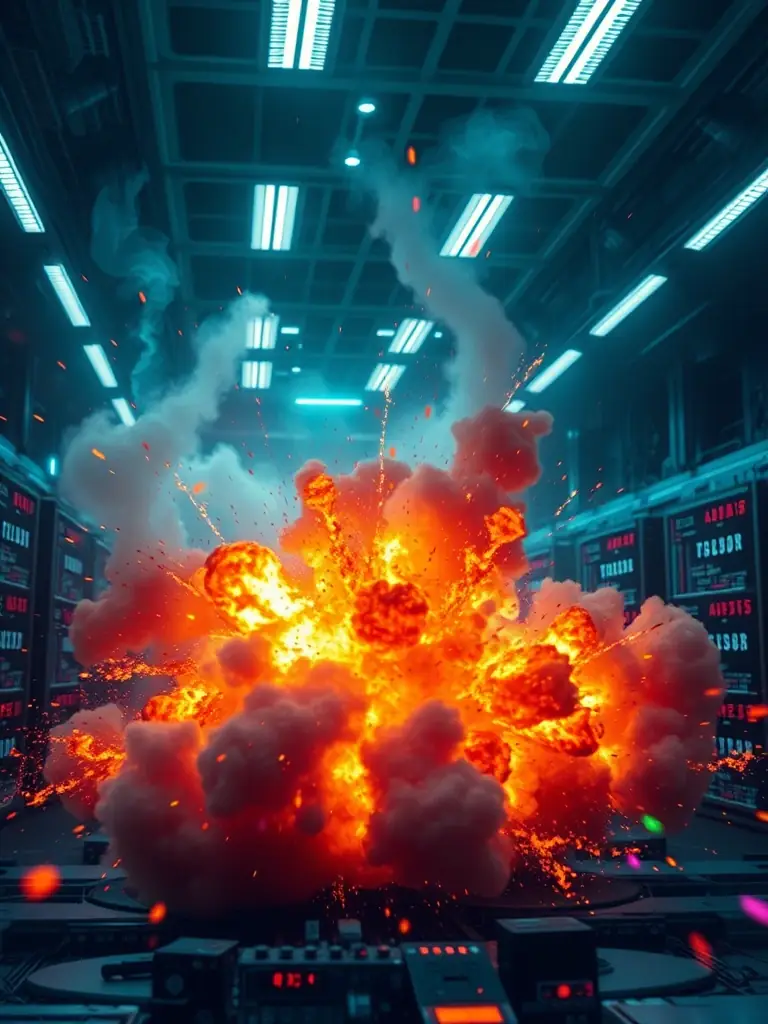 An abstract image representing Chaos Engineering, with controlled explosions and data streams, symbolizing resilience and proactive problem-solving.