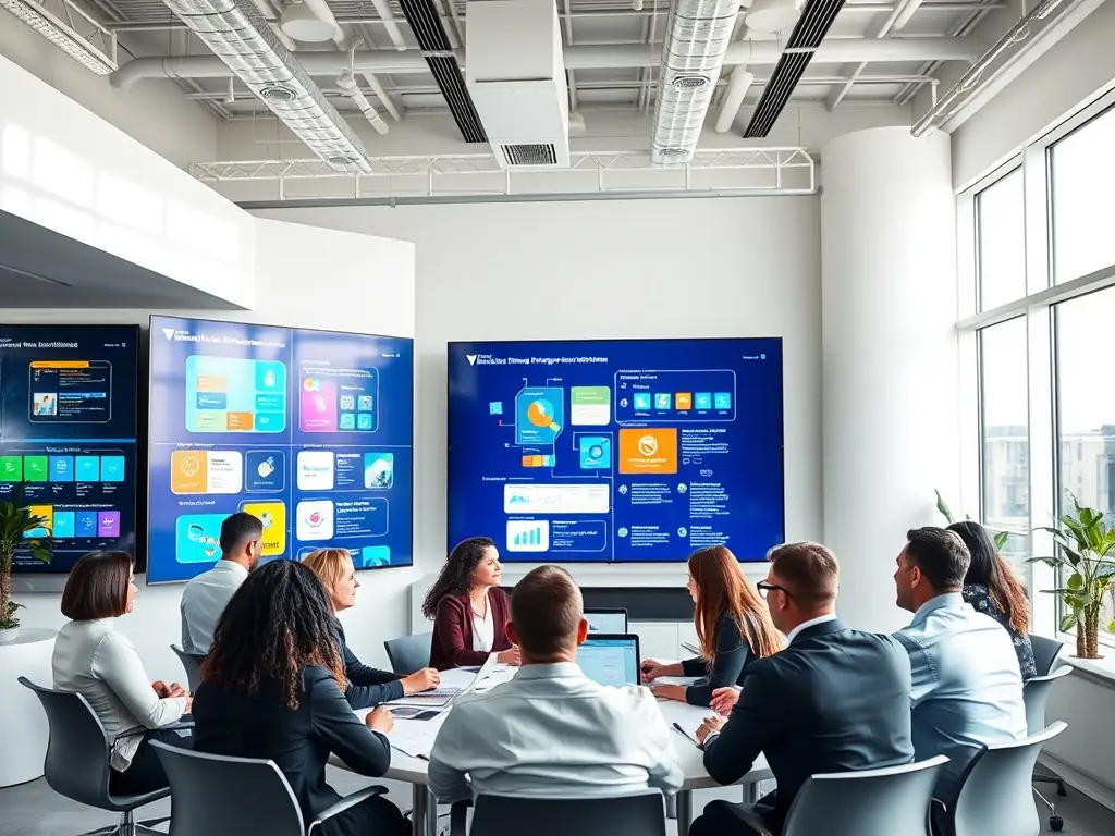 An image depicting a team of consultants working collaboratively on a digital strategy board, brainstorming solutions for a client's technological challenges.