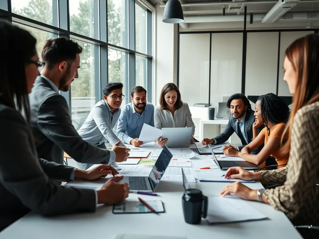An image depicting a team of consultants working collaboratively on a digital strategy board, brainstorming solutions for a client's technological challenges.